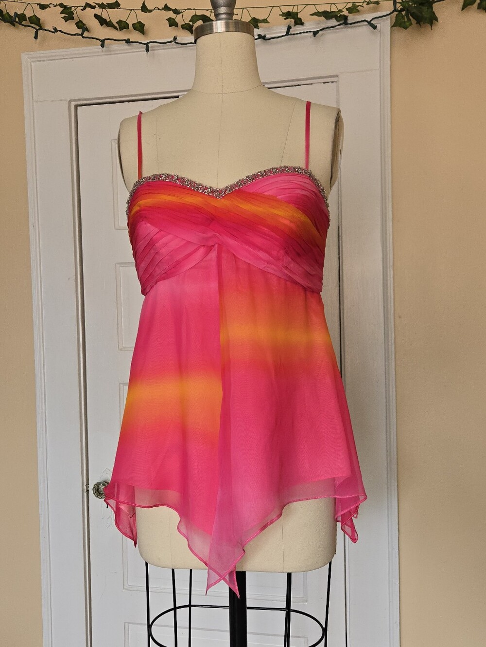 Cassandra Stone Silk Chiffon Pink Orange Beaded Halter Top, Y2K | Fairycore